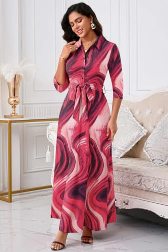 Image of Runwind Women Church Maxi Dresses 3 /4 Sleeve Button Down Print Casual Office Dress African