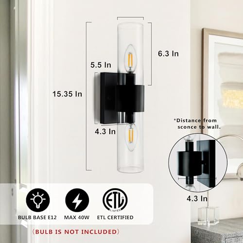 Image of Bathroom Light Fixtures, 2-Light Vanity Lights for Bathroom Vanity Light with Glass Tube Modern Linear Wall Sconce for Bedroom Hallway Living Room Over Mirror