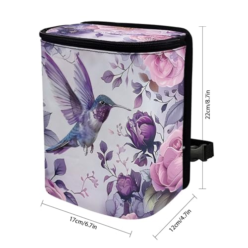 Image of Talayituse Hummingbird Rose Flower Print Car Trash Can with Adjustable Straps, Car Trash Bag Bin Car Garbage Bag Multipurpose Storage Box for Vehicle Travel Camping Picnicing