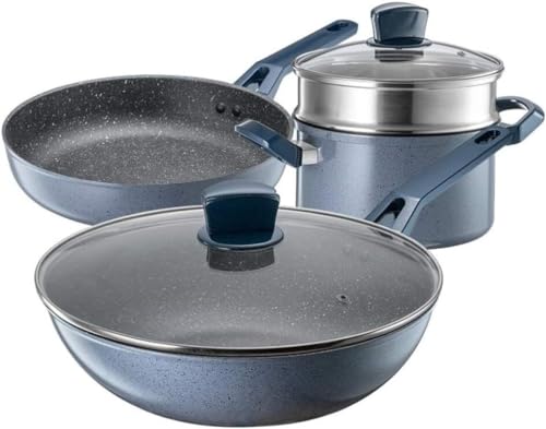 Juego de utensilios de cocina, ollas y sartenes antiadherentes, juego de cocina de 3 piezas con sartén y tapa de vidrio, utensilios de cocina esenciales para cocinar en casa