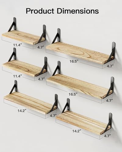 Pipishell Wandregal 6er-Set, Paulownia-Holz mit Metallhalterungen, Braun – Ansicht 3
