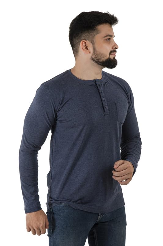 P&H BY PRIYANSHU Full Sleeve Henley Neck Design Cotton Lycra Blue Melange Luxury t Shirt Pack of one