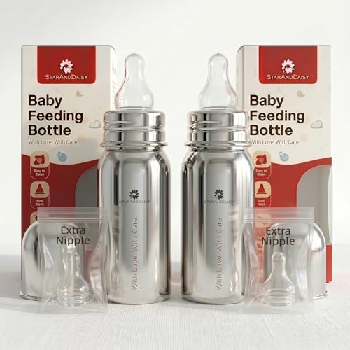 Image of StarAndDaisy Baby Milk Bottle for new Born /Infant /Toddler Pack of 200 ML SUS 304 Steel Baby Feeding Bottle for 0+ Months, BPA Free Leakproof Bottle, Anti Colic, Easy to Clean & Extra Nipple