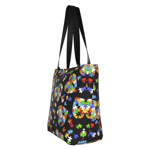 Autism Awareness Puzzle Pieces Heart Print Tote Bag For Women, Reusable Large Ladies Shoulder Bag Large Capacity Shopping Totes Fasion Handbag For Office, Shopping, Travel4