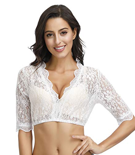 TrendiMax Damen Elegante Dirndlbluse Schwarz Weiß Dirndl Bluse mit Spitze Trachtenbluse für Oktoberfest Weiß Blumen 40