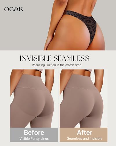 Image of OEAK Seamless Thongs for Women Invisible Thongs No Show Thong Panty Liners Tangas Comfortable Workout G-Strings Underwear Leopard Coffee XS