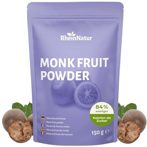 RheinNatur Mönchsfrucht Pulver 150 g - Natürliche Süße als Zuckerersatz - 84% weniger Kalorien als Zucker, hohe Süßkraft - Vegan & kalorienarm
