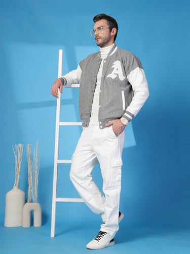 Image of CHKOKKO Men's Oversized Varsity Jacket with Snap Button Closure and Patch Design Trendy Comfortable Outerwear for College Travel and Casual Wear