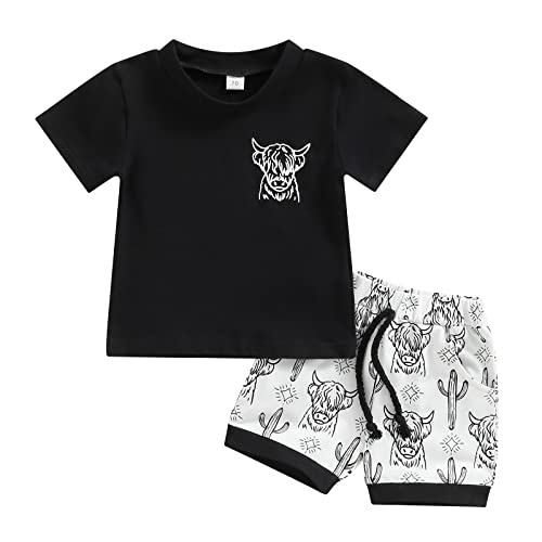 Kodaruber Western Toddler Baby Boy Clothes Short Sleeve T Shirt Elastic Waist Shorts Set Cowboy Outfit Summer Clothing(Cow Black,12-18 Months)