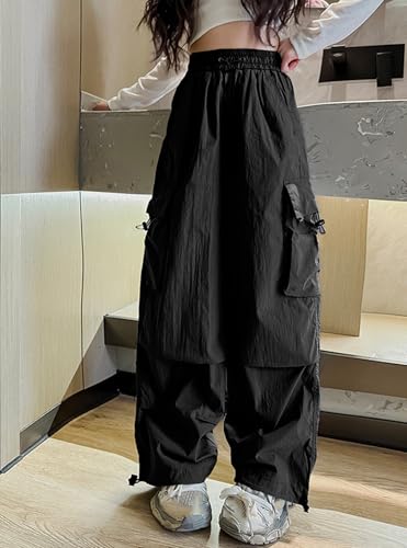 Image of Girls Cargo Pants Elastic Waist Drawstring with Pockets Pants | 6-14 years High Waist Loose fit School Hiking Casual