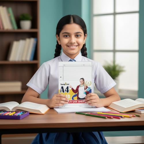 Image of Ruled Sheets A4 Size 90 GSM White Both Side Rule for Assignment, Project Work, Exam - 160 Sheets Loose Paper Bundle with Border, Non-Punched, Blue Rule and Magenta Margin - Glanza Edition