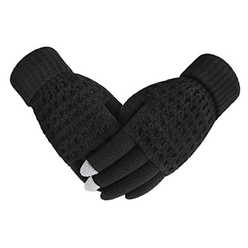 Fakeface Knitted Wool Touch Screen Texting Gloves for All Touchscreen Electronic Devices for Women/Ladies/Girls; Great Gift for Christmas/Birthday/New Year (Black)