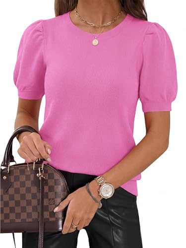Image of PRETTYGARDEN Womens Sweaters Spring 2026 Summer Puff Short Sleeve Sweater Trendy Cute Knit Work Blouses Business Casual Tops