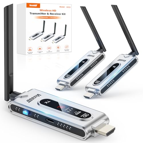 Image of Visoud Wireless HDMI Transmitter and 2 Receivers with LCD Display,4K Decode 2K@60Hz Output,492FT/150M Range,Plug & Play,5.8G+2.4GHz Extender for Video and Audio to Monitor from PC/Projector/TV Box