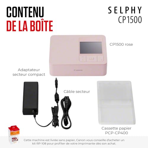 Canon SELPHY CP1500 Imprimante Photo Portable – Impression sans Fil, Impressions Durables, Connectivité USB-C & Carte SD – Imprimante Portable Idéale pour Le Scrapbooking et Les Albums Photo, Pink