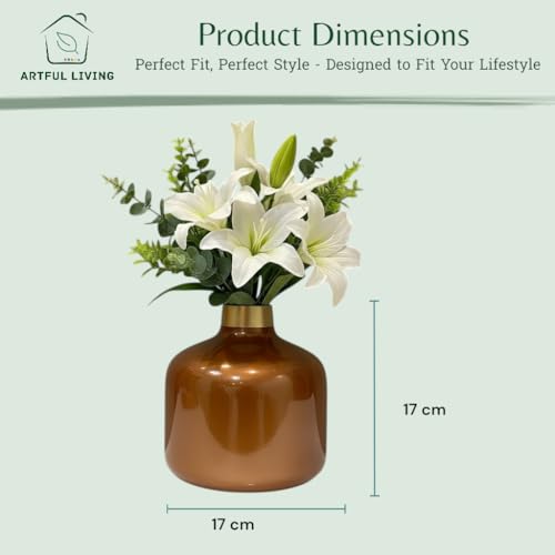 Image of Artful Living India - Round Metal Flower Vase | Round Vintage Vase for Living Room, Table, Office Decoration & Home Decor | Antique Decorative Metal Vase (Copper Orange)