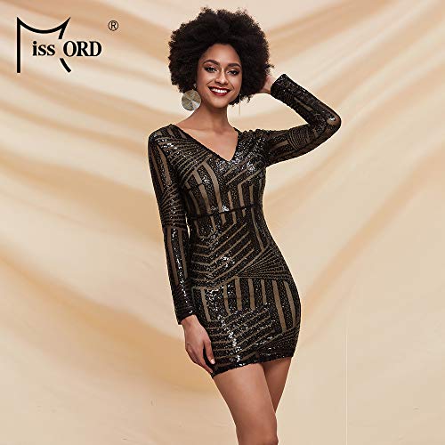 Miss ord Women's V-Neck Long Sleeve Sexy Mini Dress, Bodycon Sequin Summer Party Cocktail Dress Black - Thumbnail 2