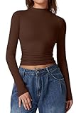 QINSEN Womens Mock Neck Tee Tops Buttery Soft Long Sleeve Bodycon Curvy Shirts for Casual Chestnut S