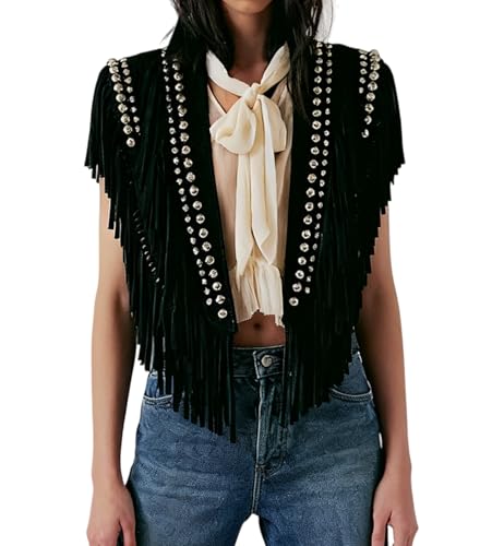 Hedovan Women Studded Fringe Vest Faux Suede Collar Open Front Wrap with Tassels Shawl Fringe Poncho Western Outfits (Black, One Size)
