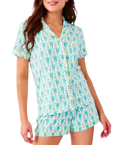 Image of Womens Y2k Preppy Pajamas Set, 2 Piece Button Down Monkey Beach Shorts Set Holiday Vacation Loungewear Pjs for Jammies Back to School Party Birthday Gifts(Zesty Mint, Small)