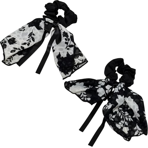 Jseng Elastico per capelli quadrato con fiocco annodato, sciarpa elastica per capelli nera con motivo floreale nero fasce per capelli in raso elastico per coda di cavallo da donna - Vintage nero e