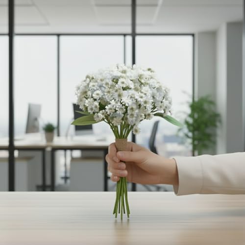 Image of Artificial Baby Breath White Flower Bouquet - 12 Stems, 28cm Height Faux Bunch with Green Leaves for Home, Office, Wedding & Party Decoration