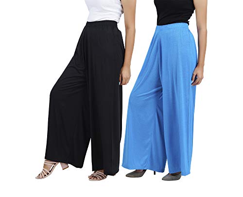 Image of Buy That Trendz M to 4XL Cotton Viscose Loose Fit Flared Wide Leg Palazzo Pants for Women Black Royal Blue Combo Pack of 2