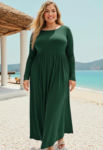 Image of Nemidor Plus Size Maxi Dress for Curvy Women Fall Casual Loose Long Sleeve Dresses with Pocket 14-26