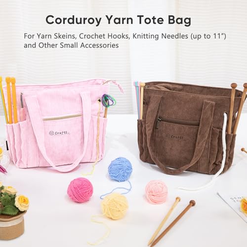 Image of MYBAGZING Corduroy Crochet Bag 11.5 inch Large Yarn Storage Tote with Grommets, Needle Holders - Knitting Bag Organizer for Crochet Hooks, Accessories, Tools & Projects -Gift for Knitters & Crafters