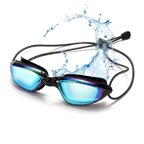 Aegend Swimming Goggles with Adjustable Bungee Strap - No Leak Anti-Fog Swim Goggles for Adults Men Women, Comfort Fit Mirrored/Clear Lens for Laps & Open Water
