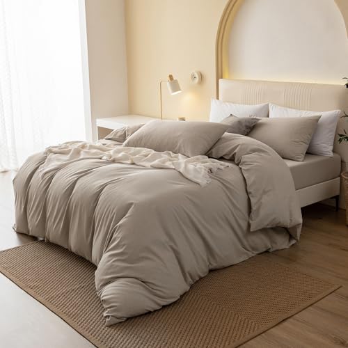 JIYUAN 100% Washed Cotton Duvet Cover Set 3 Pieces Queen, 1 Duvet Cover 90x90 Inches(Comforter Not Included) and 2 Pillowcases,Linen Feel Bedding Set Comfy and Breathable, Heathered Tannish Linen Grey