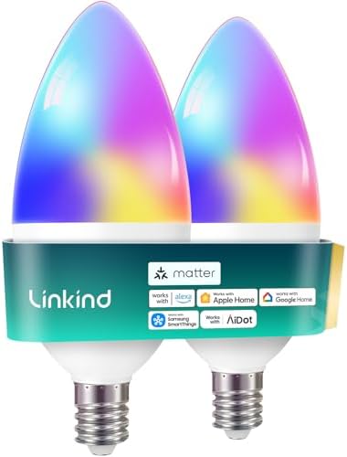 Linkind Matter Smart Bulbs, E12 Led Bulb Works with Alexa/Apple Home/Google Home, Smart Light Bulbs, WiFi Candelabra B11 Bulbs, RGBTW Color Changing Light Bulb, 2.4Ghz WiFi Bulb, 470 LM 2 Pack