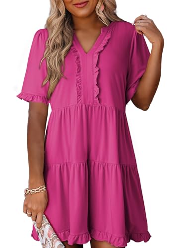 Dokotoo Summer Dresses for Women 2026 Short Sleeve V Neck A Line Empire Waist Casual Flowy Ruffle Cute Babydoll Western Mini Short Dress Spring Dress Modest Hot Pink Dresses for Women Plus Size S