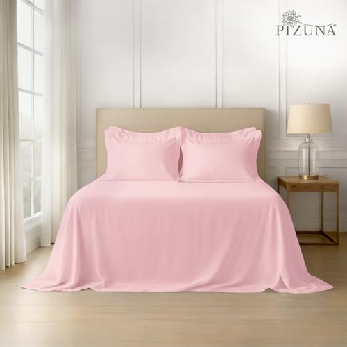 Image of Pizuna 100% Cotton Bedsheet Super King Size Light Pink, 600 Thread Count Long Staple Combed Cotton Flat Bedsheets 108x108 Inches with 4 Pillow Covers, Bed Sheet for Super King Size Bed