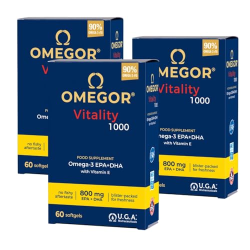 Omegor Vitality 1000 Integratore Di Omega3 Epa/Dha E Vitamina E - Senza Retrogusto E Facile Da Digerire - Ideale Per Cuore, Cervello E Vista - 60 Cps (3 Confezioni)