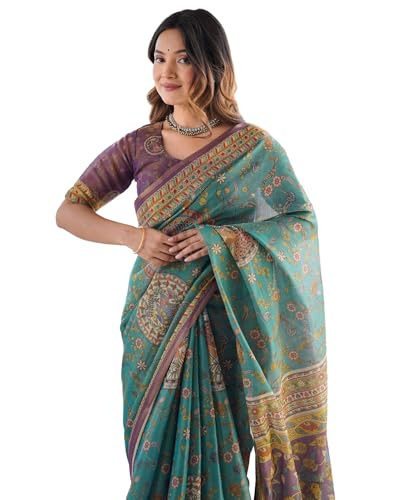 Image of SIRIL Women's Cotton Linen Kalamkari Printed Handloom Saree with Unstitched Blouse Piece