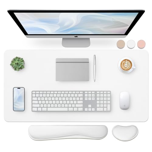 Image of Bloss Leather Desk Pad and Keyboard Wrist Rest, Large Mouse Pad + Keyboard Pad+Mouse Wrist Support, Non-Slip Desk Mat Protector for Office, Home(31.5x15.7 Inches,White)