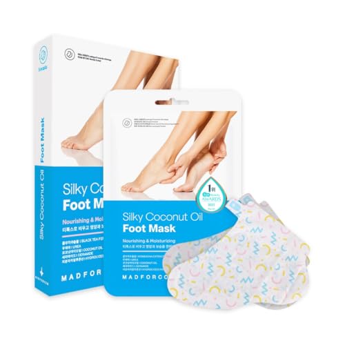 MADFORCOS Silky Coconut Oil Foot Mask – 5 Pairs Hydrating Booties for Dry, Cracked Feet | Nourishing, Moisturizing & Walkable | Spa Foot Treatment at Home