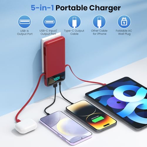 Image of Portable Charger for iPhone,13800mAh Slim Power Bank with Built-in Cables & AC Wall Plug,All in One 4 Outputs USB C Fast Charging Battery Pack Travel Essential for iPhone 17 /16 /15 /14,Android (Red)