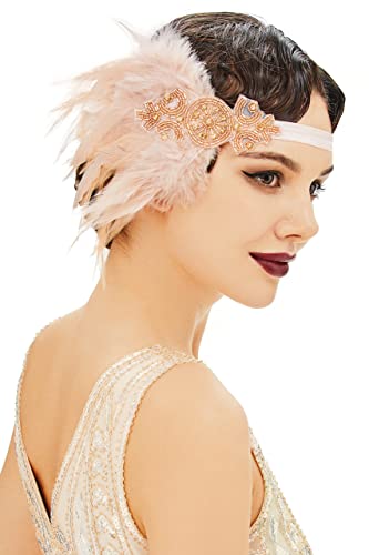 ArtiDeco 1920s Flapper Feather Headband 1920s Beaded Headpiece Great Gatsby Costume Accessories Roaring 20's Accessories, Free, Champagne