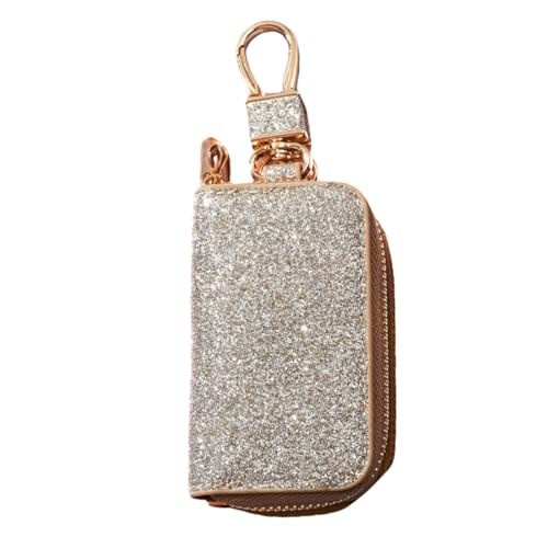 Premium Leather Key Fob Case for Women - Car Key Holder with Zipper Coin Pocket Multi-Functional Keychain (Silver gold)