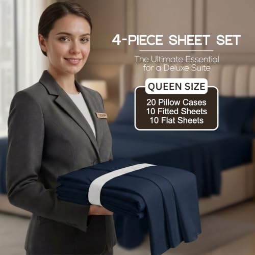 Image of 10-Pack Hotel Queen Sheet Set, Soft Brushed Microfiber Hotel Sheets, Hotel Quality Bedding,Deep Pocket, Shrink & Fade Resistant, Easy Care, Navy
