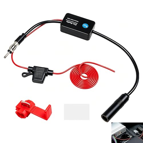 Amplificador Antena Coche, Amplificador FM Coche Universal 12V, Amplificador Señal FM 25 dB de Bajo Ruido con Conector SMB, Adhesivo y Clip Rojo Booster de Recepción para Radio de Coche para Vehículos
