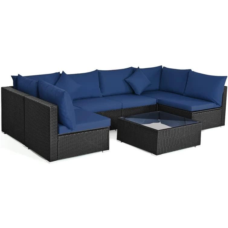 Image of 6 Seater Outdoor Patio Sectional Sofa L Shape sofaWicker Furniture Conversation Sets with Washable Cushions, and Glass Coffee Table for Garden, Poolside, and Backyard. (Black and Nevy Blue)
