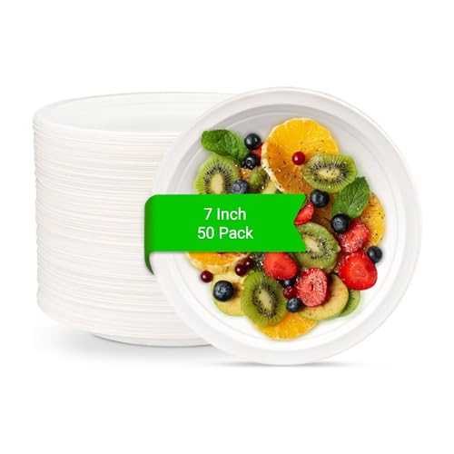 Fasttrack 7-inch White Paper Plates - Super Rigid 50 Pack Extra Strength Bagasse Sugarcane Disposable Microwave Biodegradable Plates for Parties