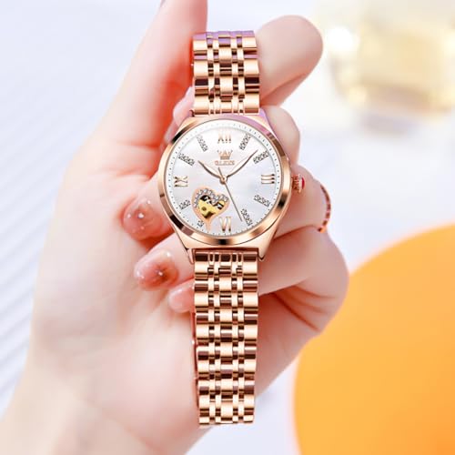 Image of OLEVS Watches for Women Automatic Ladies Watch Mechanical Leather Strap Self-Winding Diamond dial Waterproof