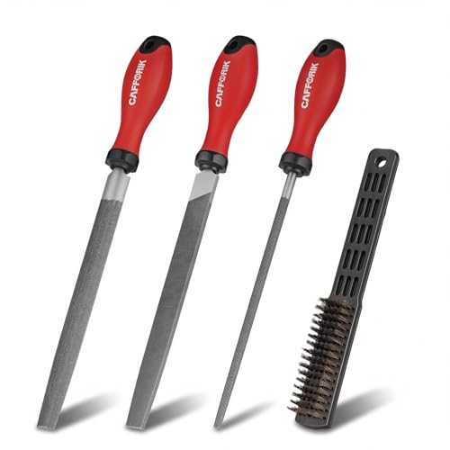 CAFFORIK 4PCS Metal File Set 8-Inch High-Strength Carbon Steel File Flat/Half Round/Round Steel File with Handle Wire Brush Hand Files Work for Metal Wood and More
