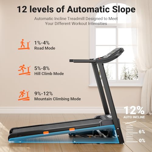 Image of THERUN Home Treadmill with Incline 15% Auto Adjust, 3.0 HP Treadmill with LED Strip, Heart Rate Monitoring Incline,16.5 inch Wider Running Belt