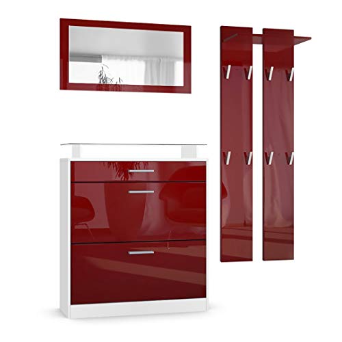 Vladon Garderobe Loret mini, Garderobenset bestehend aus 1 Schuhschrank, 1 Wandspiegel und 2 Garderobenpaneele, Weiß matt/Bordeaux Hochglanz