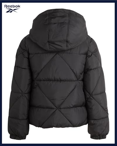 Image of Reebok Girls Heavyweight Quilted Cropped Puffer Parka with Sherpa Lining | Plush Faux-Fur Trim, Wind-Blocking Hood, Deep Pockets for Warm Hands, Modern Silhouette for School and Cold Days